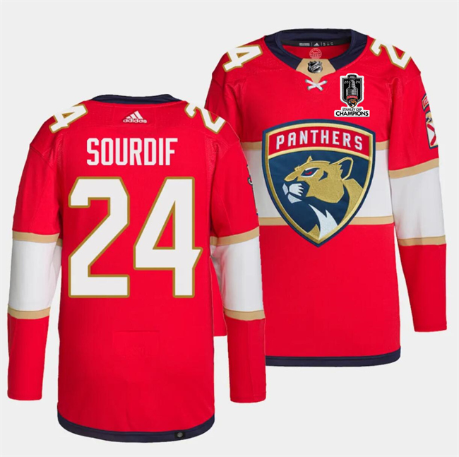 Men's Florida Panthers #24 Justin Sourdif Red Home 2024 Stanley Cup Champions Stitched Jersey